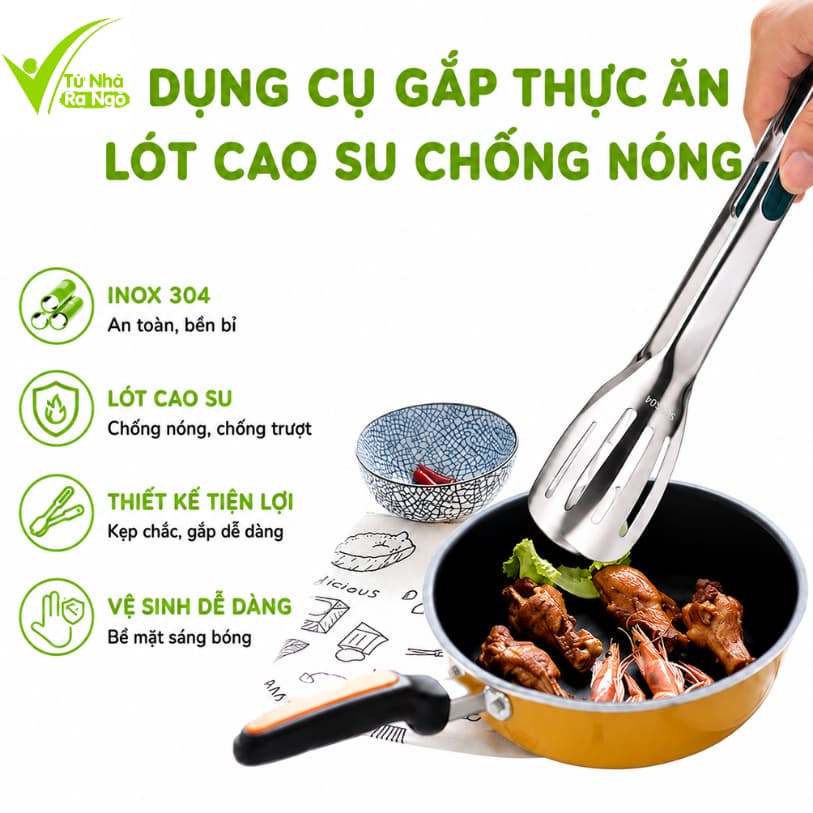 Cây Kẹp Gắp Thức Ăn Chống Nóng Lót Cao Su GD316 - Dụng Cụ Gắp Đồ Nướng Chống Nóng Inox Không Gỉ