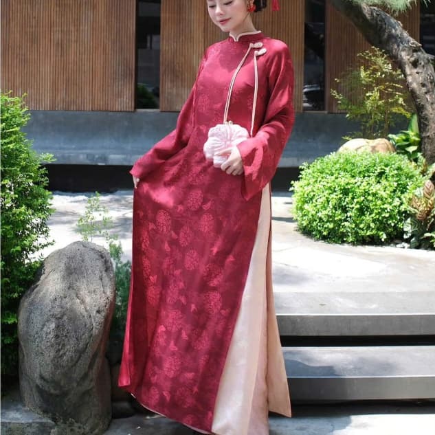 Áo Dài Nữ Đỏ đô Dáng Suông Nhẹ – Vải Tằm Cao Cấp, Mềm Mịn, Sang Xịn, Mặc Lễ Tết Trung Thu