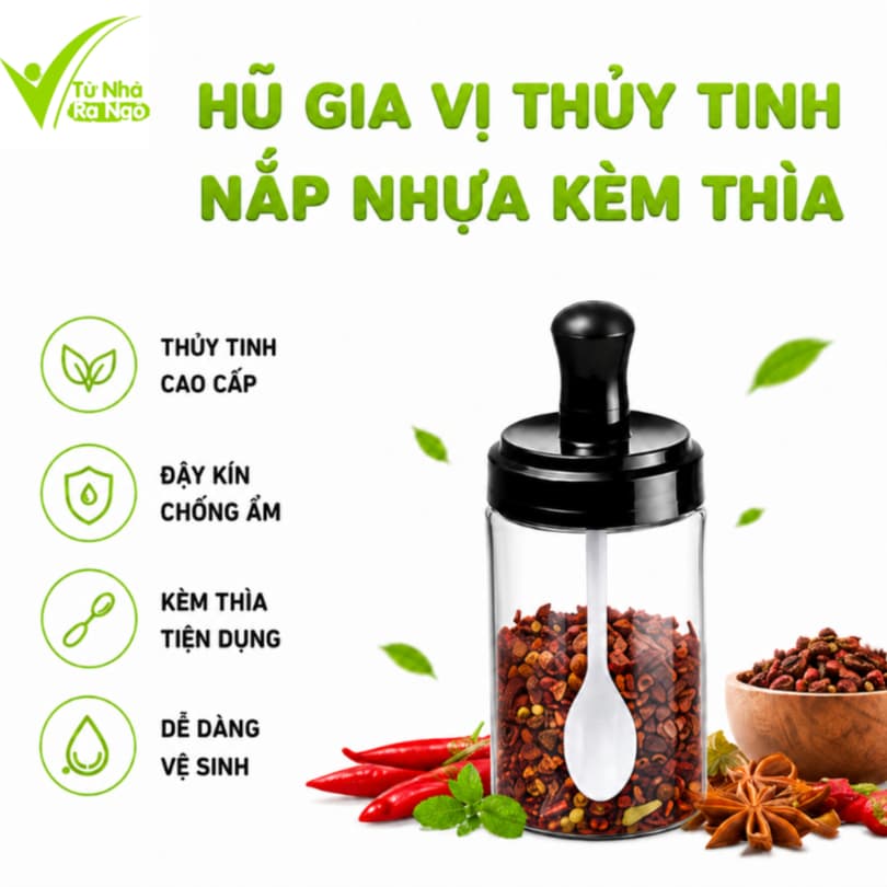 Bộ Hũ Gia Vị Thủy Tinh Nắp Nhựa Kèm Thìa Tiện Lợi GD322 - Lọ Đựng Gia Vị Nhà Bếp Kèm Thìa Tiện Lợi