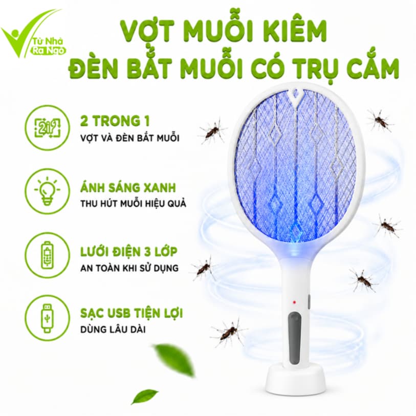Vợt Muỗi Tự Động Kiêm Đèn Bắt Muỗi Có Chân Đế GD325 - Vợt Đánh Muỗi Để Bàn Kèm Dây Sạc USB