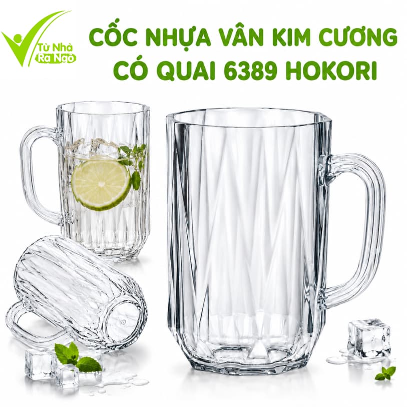Cốc Nhựa Uống Nước Kim Cương Hokori 460ML GD332 - Ly Nhựa Quai Cầm Uống Trà Nước Ép Dễ Vệ Sinh