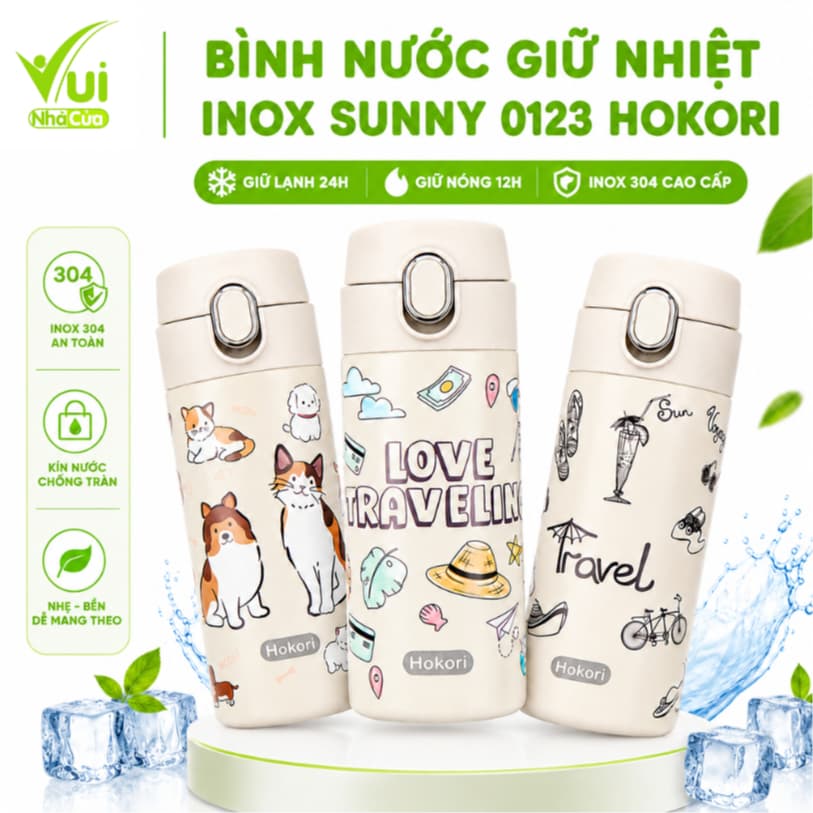 Bình Giữ Nhiệt Hokori 0123 Inox 304 Cao Cấp Đi Học Đi Làm 340ml/460ml GD336