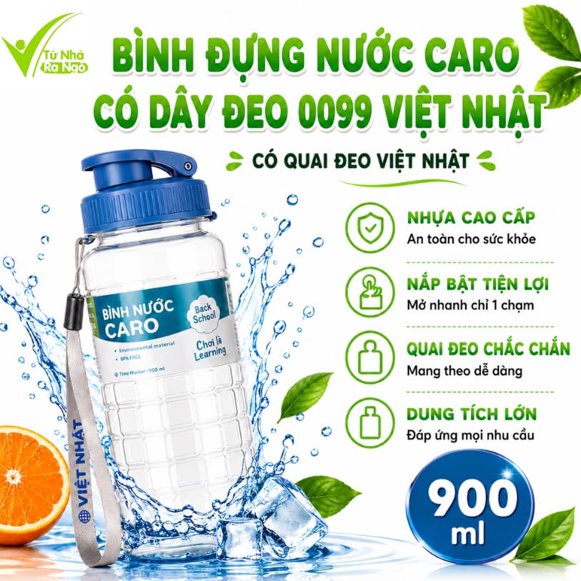 Bình Nước Caro Việt Nhật 550ml 750ml 900ml GD344 - Bình Nước Thể Thao Caro Có Quai Đeo Chắc Chắn