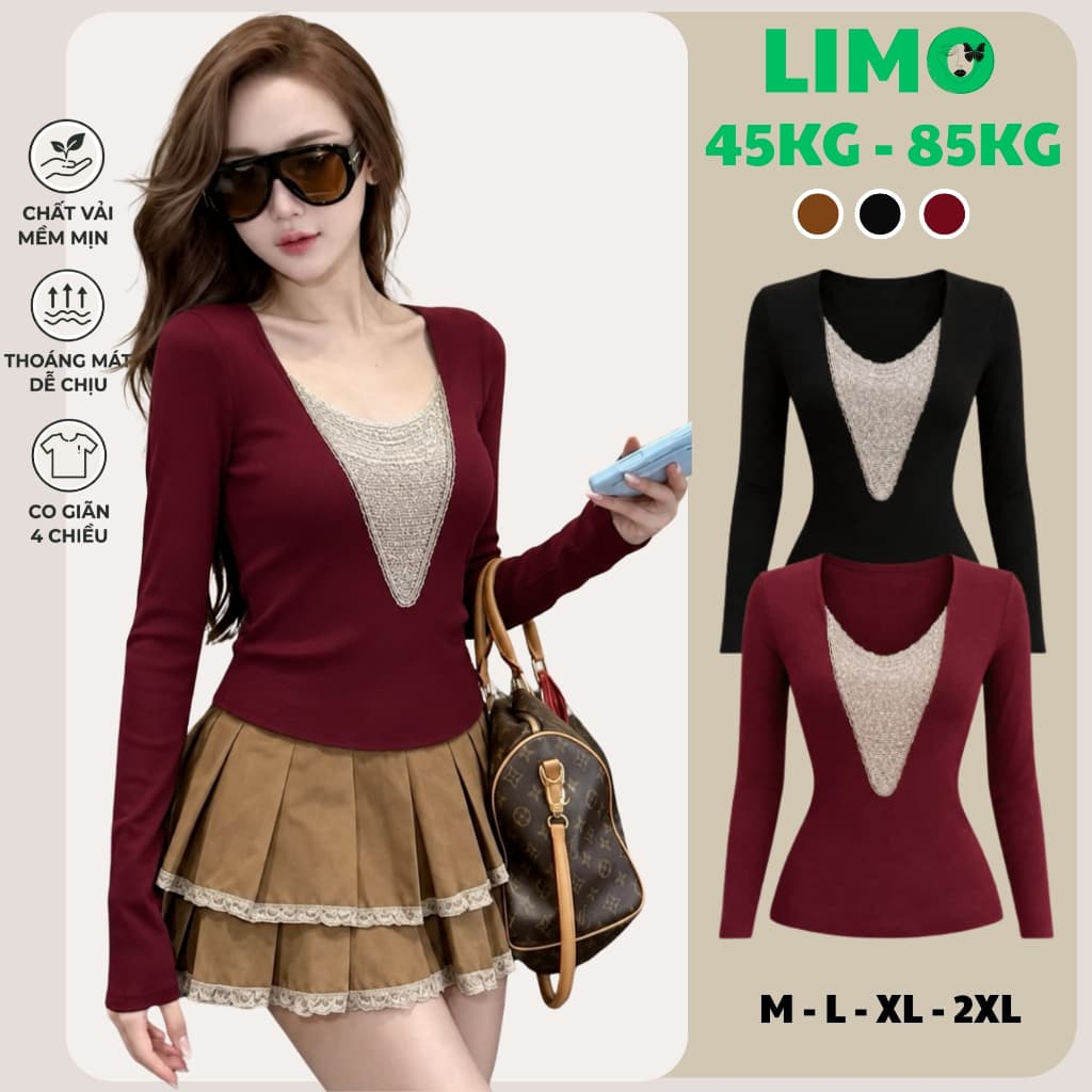 [Có Bigsize 45-85kg] Áo Thun Nữ Tay Dài Cổ V Phối Cườm LIMO Cotton Co Giãn Tôn Dáng Sang Chảnh MS558