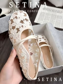Giày Búp Bê Nữ Quai Ngang SETINA Ren Hoa Nổi Quai Đôi Đế Bệt (Chân Mập Tăng Size) GSRH320 2