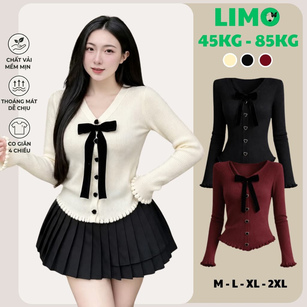 [Có Bigsize 45-85kg] Áo Thun Nữ Tay Dài Cổ V Phối Nơ LIMO Thun Gân Tăm Co Giãn Ôm Dáng MS329