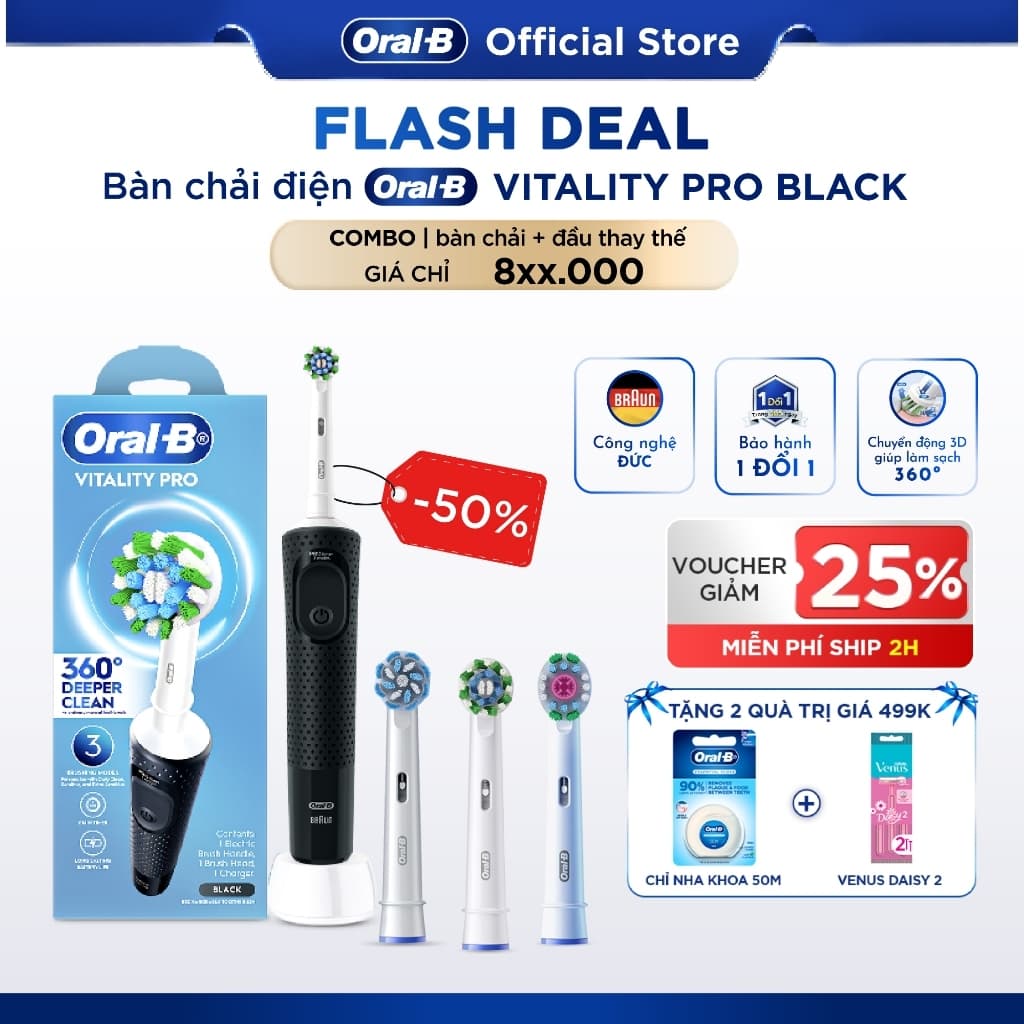 [HỎA TỐC 2H-4H] [MUA 1 TẶNG 2] Mua 1 Bàn Chải Điện ORAL-B VITALITY Pro Đen TẶNG Set 2 Đầu Bàn Chải