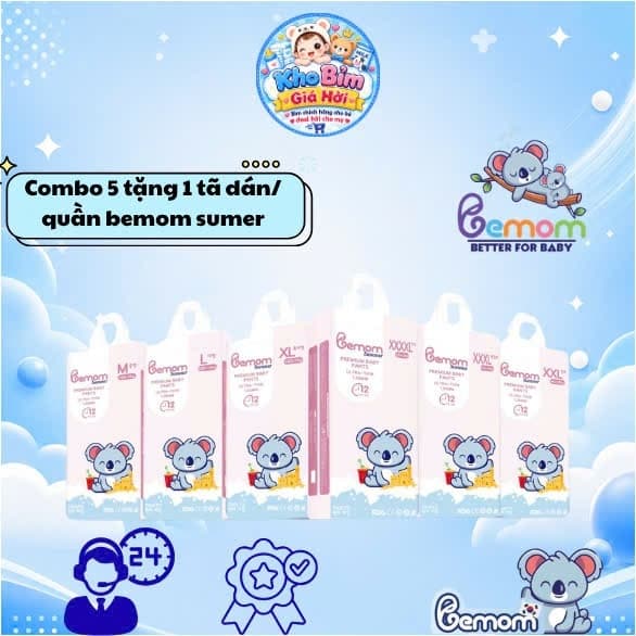 [ Combo 5 tặng 1 ] bỉm Bemom SUMMER siêu mỏng mềm, thấm hút tốt size NB/S/M/L/XL/2XL/3XL/4XL