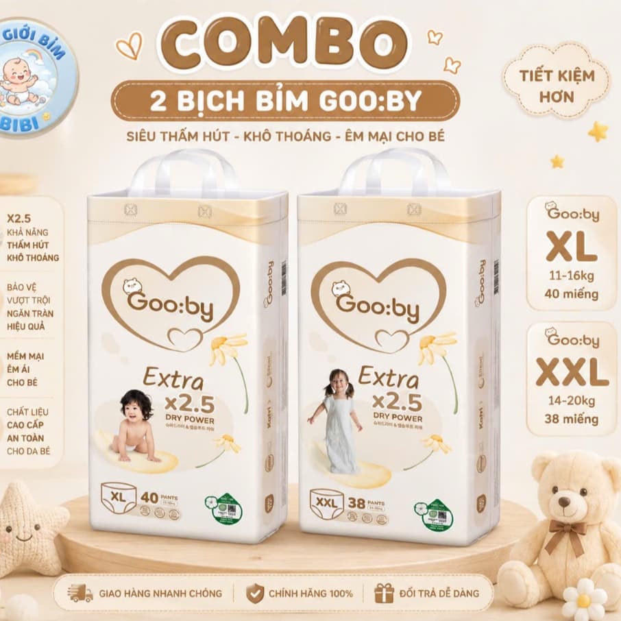 COMBO 2B Tã bỉm GOOBY mềm, mỏng, thấm hút tốt an toàn cho bé, đủ size từ NB >> 4XL