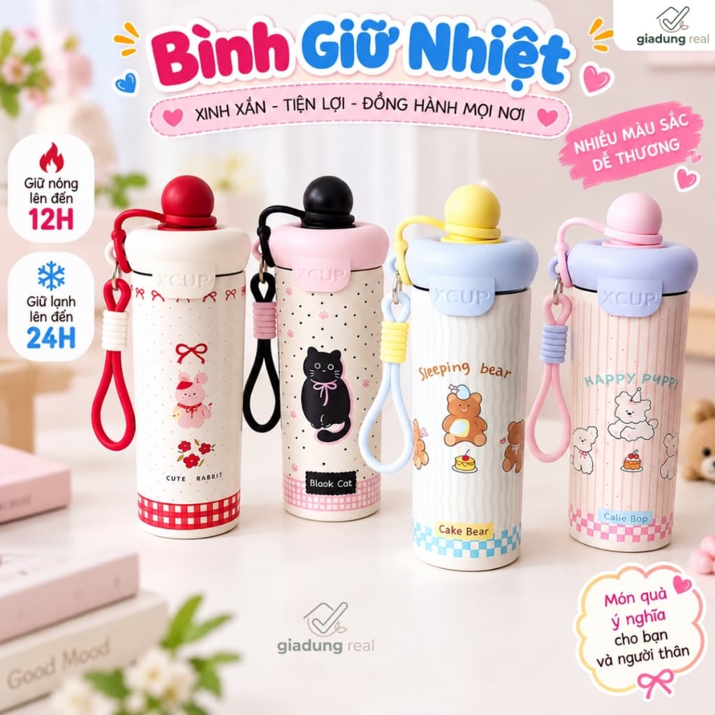 Bình giữ nhiệt inox 316 600ml họa tiết dễ thương, giữ nhiệt lâu
