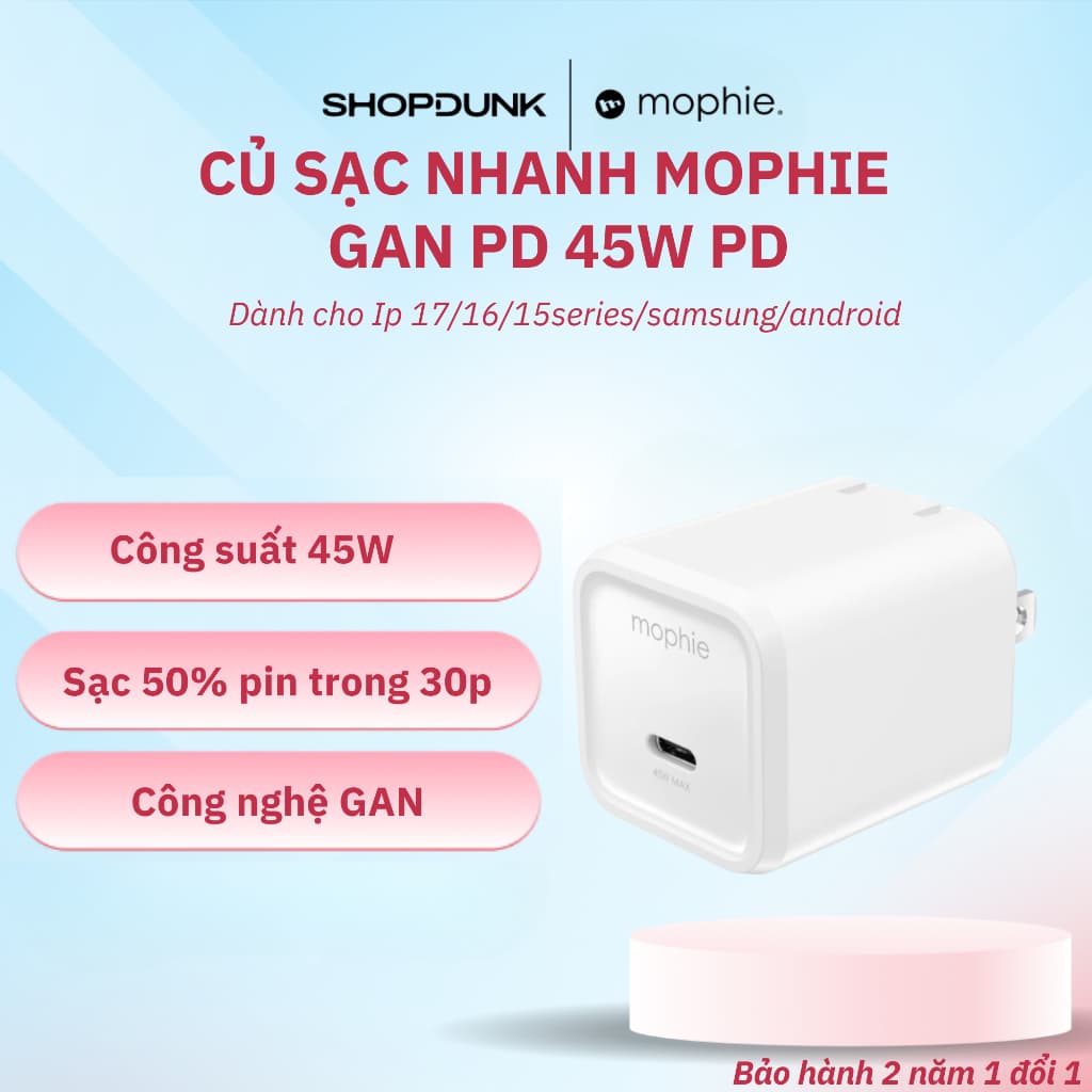 Sạc mophie Essentials PD 45W USB-C GaN White Chính Hãng.