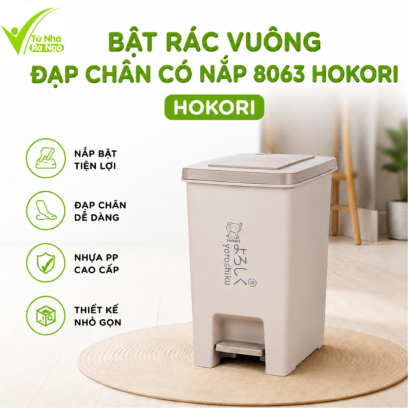 Bật Rác Vuông Đạp Chân Có Nắp Hokori Nhựa PP Cao Cấp Dung Tích 10L 15L 20L GD353