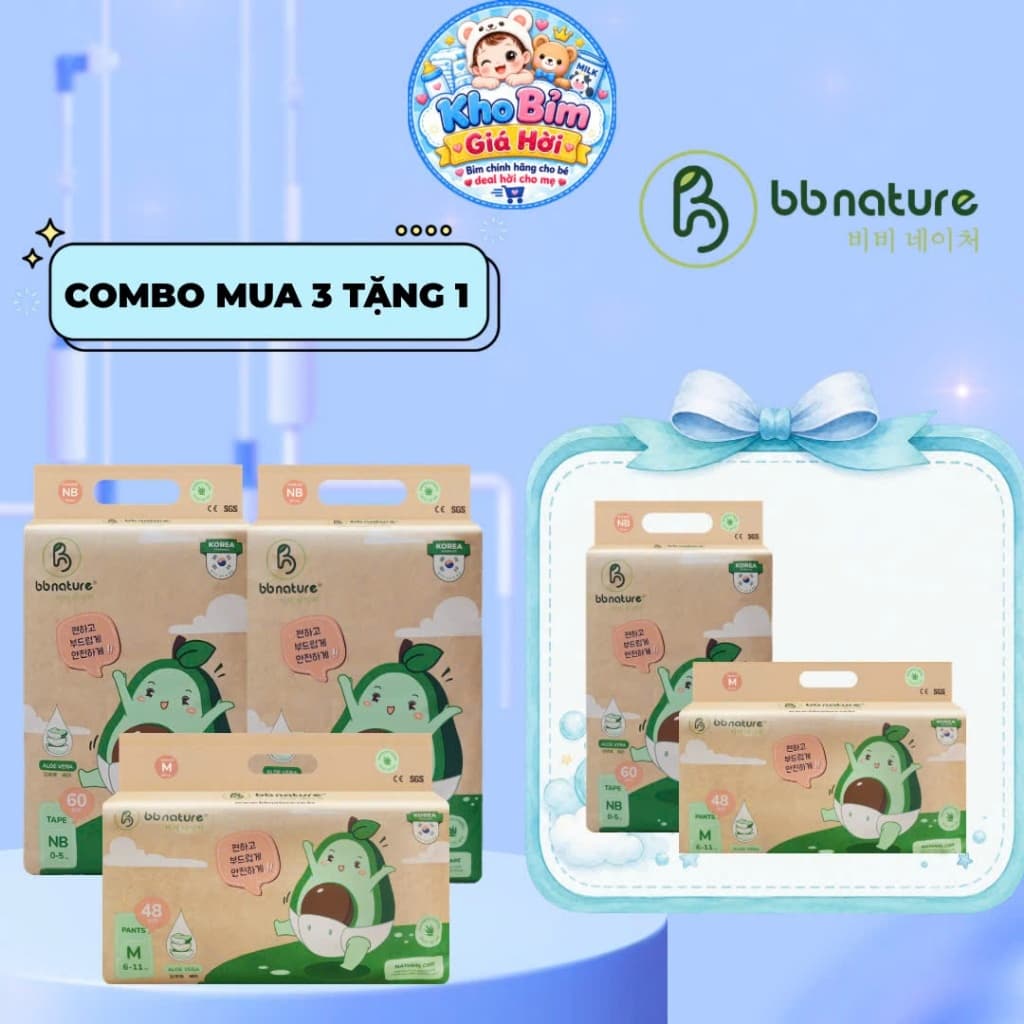 [ Combo mua 3 tặng 1 ] Tã/bỉm BB NATURE cho bé đủ size NB60,S56,M52,M48,L44,XL40,XXL38,XXXL34