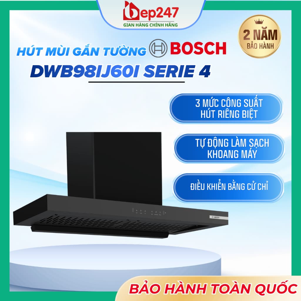 Máy Hút Mùi Bosch DWB98IJ60I Serie 4 Chính Hãng Gắn Tường 90cm Công Suất 180W Auto Clean Cảm Biến Vẫy Tay