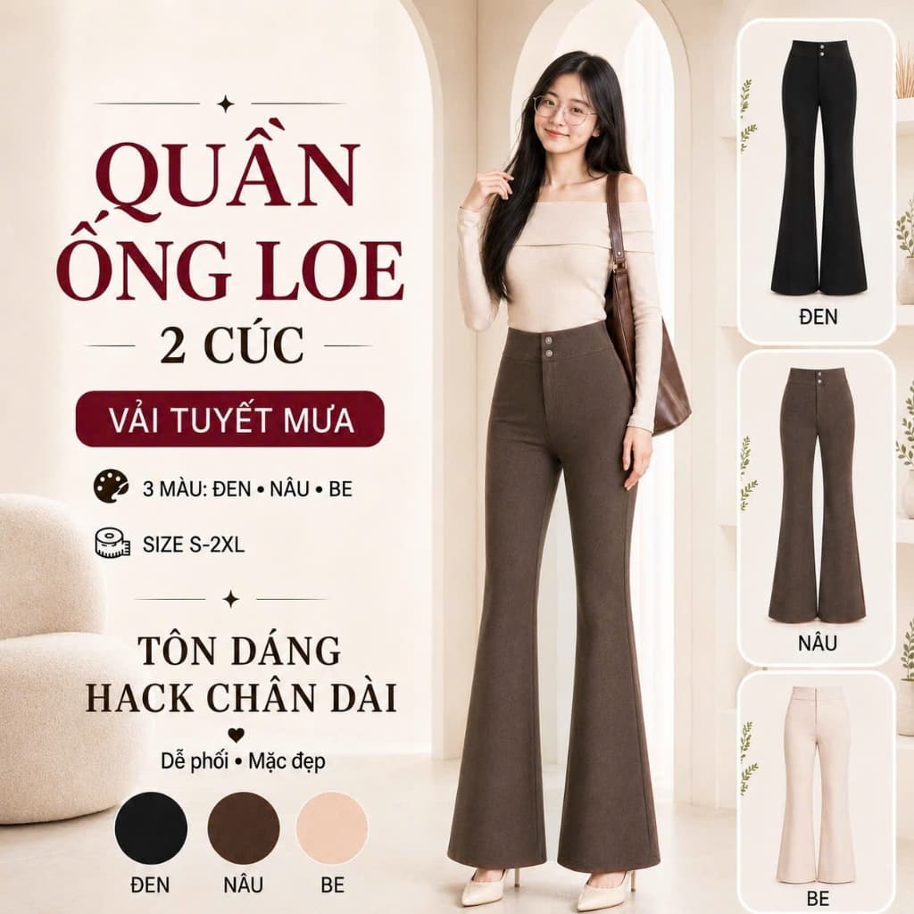Quần Ống Loe Nữ Form Dáng Dài Lưng Cao Tôn Dáng Vải Tuyết Mưa Cao Cấp m101