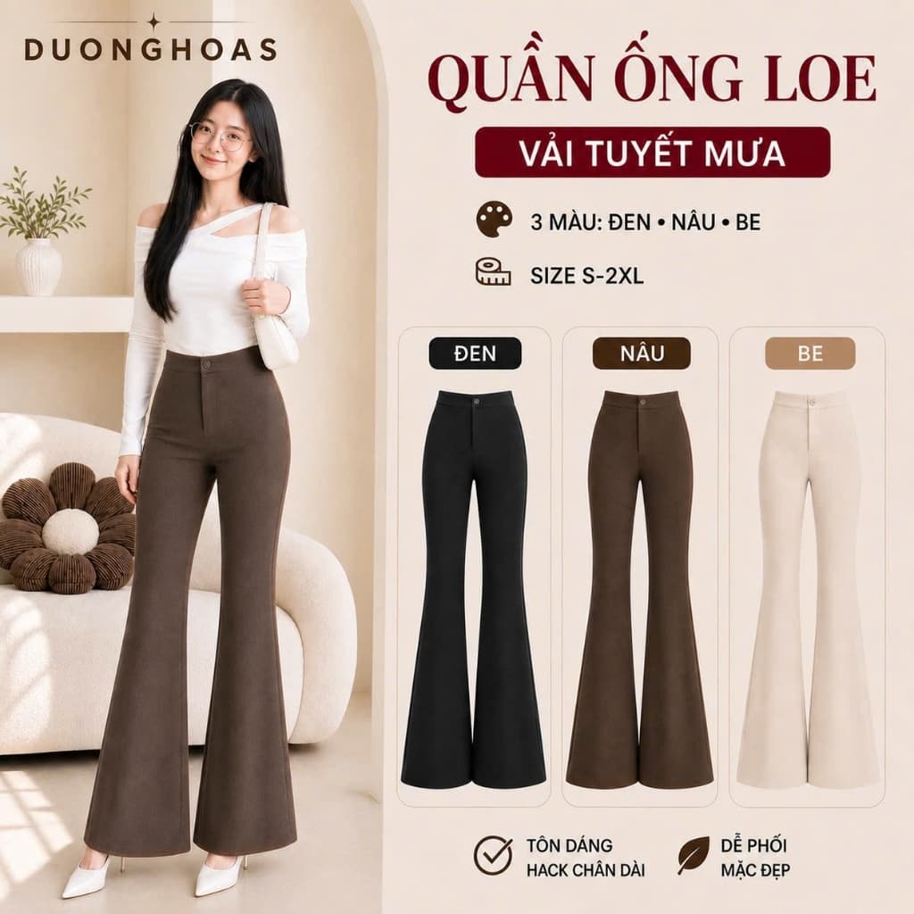 Quần Ống Loe Nữ Cạp Cao Vải Tuyết Mưa Mềm Mịn Đứng Form Tôn Vóc Dàng Đôi Chân Dài Thon Gọn m833