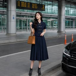 [260409] Set Bộ Công Sở Nữ Cao Cấp Áo Tay Ngắn Chiết Eo Chân Váy Xếp Ly Dài Màu Xanh Than 2