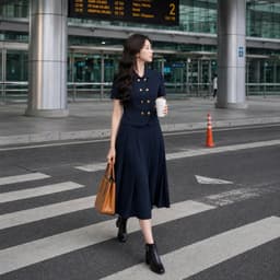 [260409] Set Bộ Công Sở Nữ Cao Cấp Áo Tay Ngắn Chiết Eo Chân Váy Xếp Ly Dài Màu Xanh Than 6