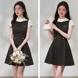 Váy thiết kế phối cổ lệch đai kiểu JARI nhẹ nhàng thanh lịch chất liệu chéo hàn dày dặn mềm mịn dễ mặc full size-KHC1 1