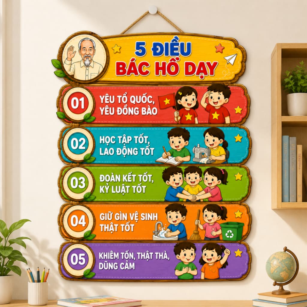Bảng gỗ 5 điều Bác Hồ dạy thiếu niên nhi đồng, kích thước 30x40cm decor treo tường, treo lớp học ý nghĩa nhất