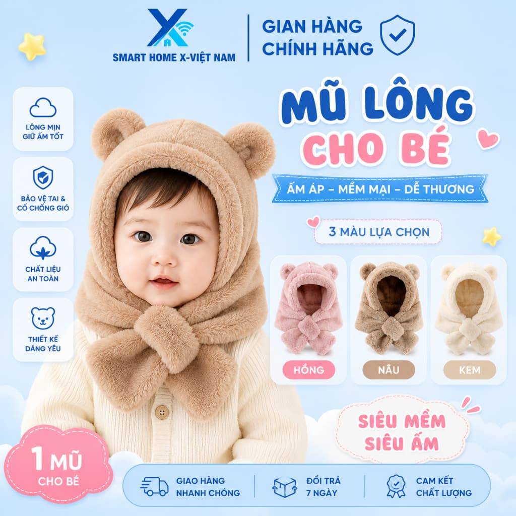 Mũ Len Lông Cừu Kèm Khăn Quàng Cổ Cho Bé Trai Bé Gái Smart HomeX Mềm Mại Giữ Ấm Mùa Lạnh