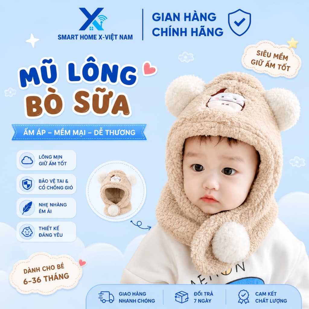 Mũ Len Lông Cừu Cho Bé Kèm Khăn Quàng Cổ Hình Bò Sữa Dễ Thương Giữ Ấm Mùa Đông Smart HomeX