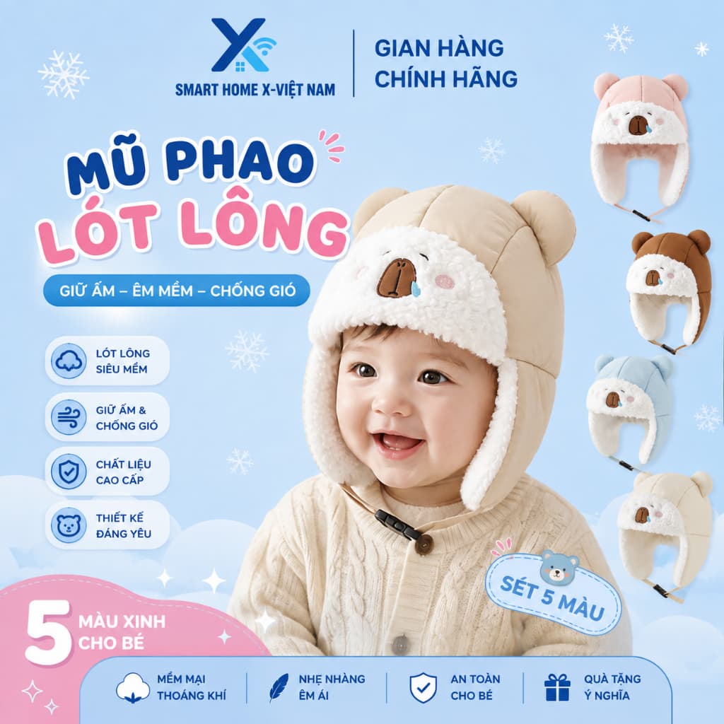 Mũ Len Mặt Gấu Cho Bé 2–12 Tháng Bịt Tai Có Dây Buộc Ôm Đầu Giữ Ấm Mùa Se Lạnh
