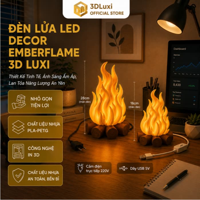Đèn Decor Ngọn Lửa 3DLUXI, Đèn Ngủ, Decor Phòng Khách, Bàn Làm Việc In 3D Từ Nhựa PLA/PETG An Toàn