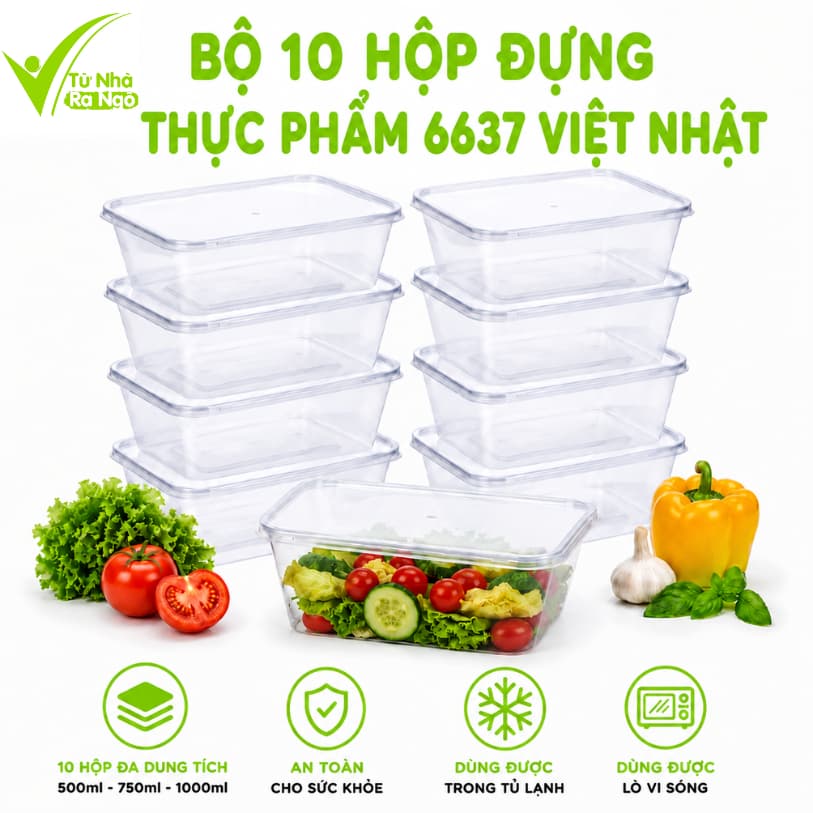 Set 10 Hộp Đựng Thực Phẩm 6637 Việt Nhật Có Nắp Đậy Kín GD343 - Hộp Thực Phẩm Trong Suốt Có Nắp Kín