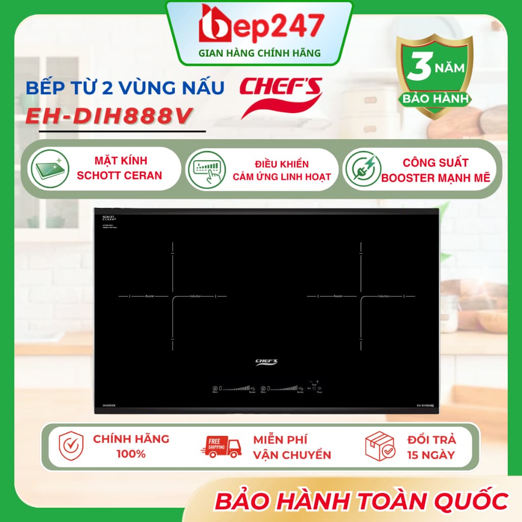 Bếp Từ Đôi Chefs EH-DIH888V Inverter 2 Vùng Nấu Booster 3700W Kính Schott Ceran Nhập Khẩu Đức