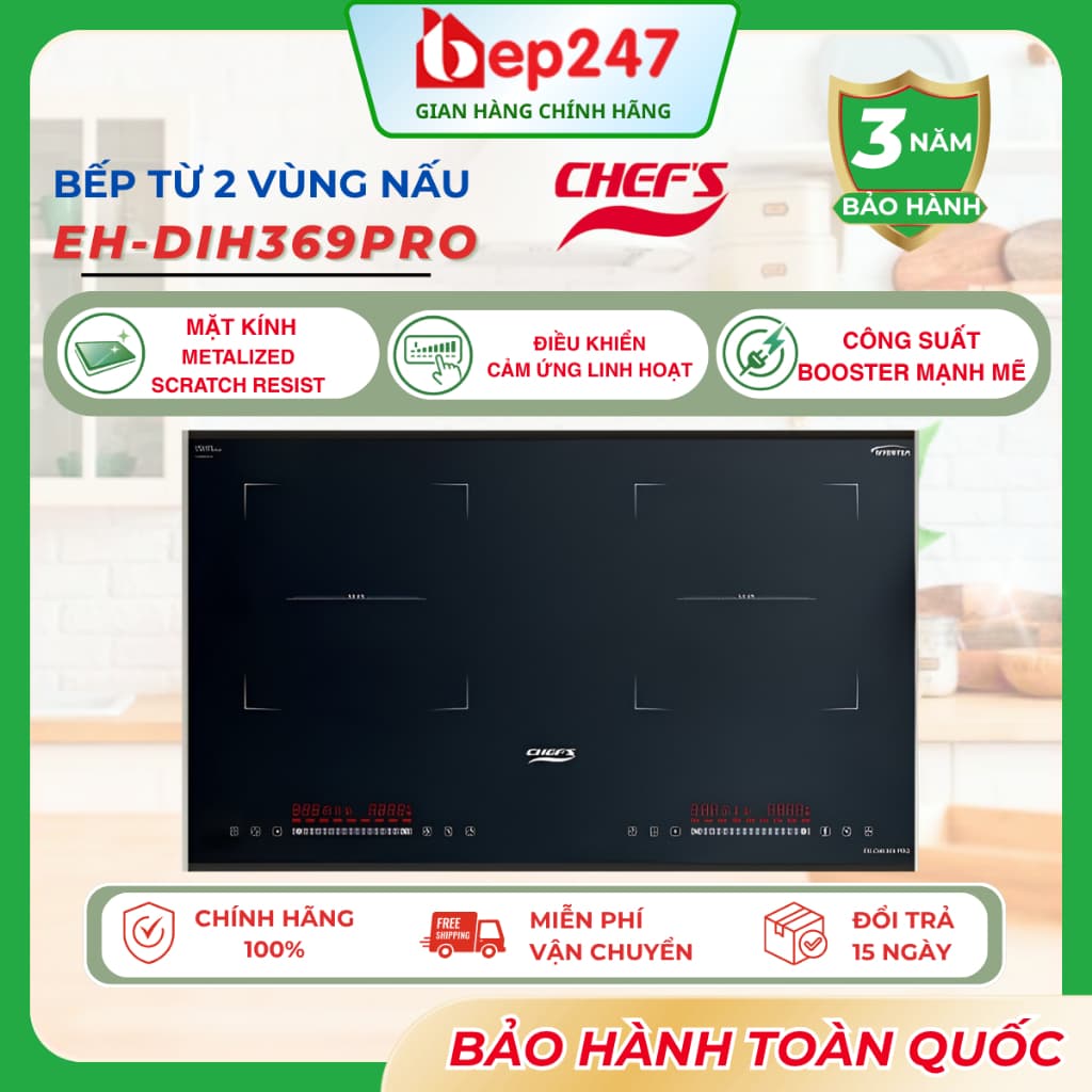 Bếp Từ Chefs EH-DIH369 PRO 2 Vùng Nấu Inverter Booster 3600W Mặt Kính Chống Xước Chính Hãn