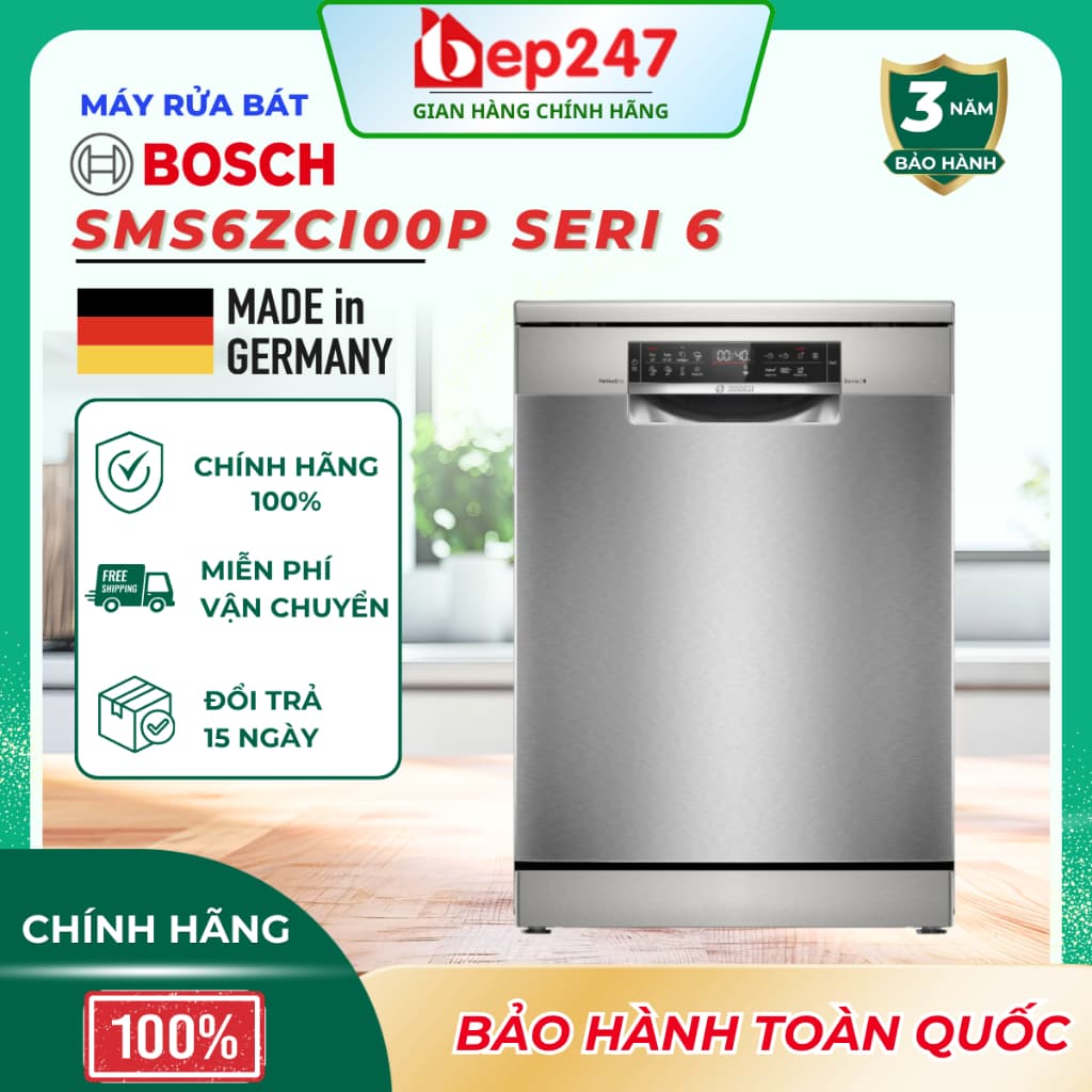 Máy Rửa Bát Bosch SMS6ZCI00P Serie 6 Độc Lập 14 Bộ, Sấy Zeolith, 8 Chương Trình, Home Connect