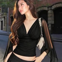 Áo Cổ Tim Tay Cánh Tiên Rũ Cách Điệu, Áo Ôm Eo Dáng Lơi Thanh Lịch 6