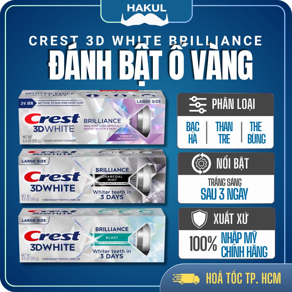 Kem đánh răng Crest 3D White Brilliance Vibrant Peppermint/Blast/Charcoal Trắng Răng Bảo Vệ Men Răng 130g