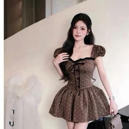 Đầm Ngắn Chấm Bi Nơ Ngực “Đan Eo” Tay Bồng Phong Cách Hàn Quốc Dễ Thương 5
