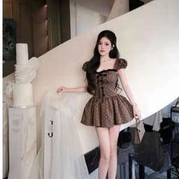 Đầm Ngắn Chấm Bi Nơ Ngực “Đan Eo” Tay Bồng Phong Cách Hàn Quốc Dễ Thương 9