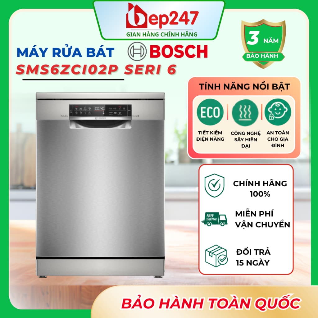Máy Rửa Bát Bosch SMS6ZCI02P Serie 6 14 Bộ Độc Lập Sấy Zeolith Home Connect Chính Hãng