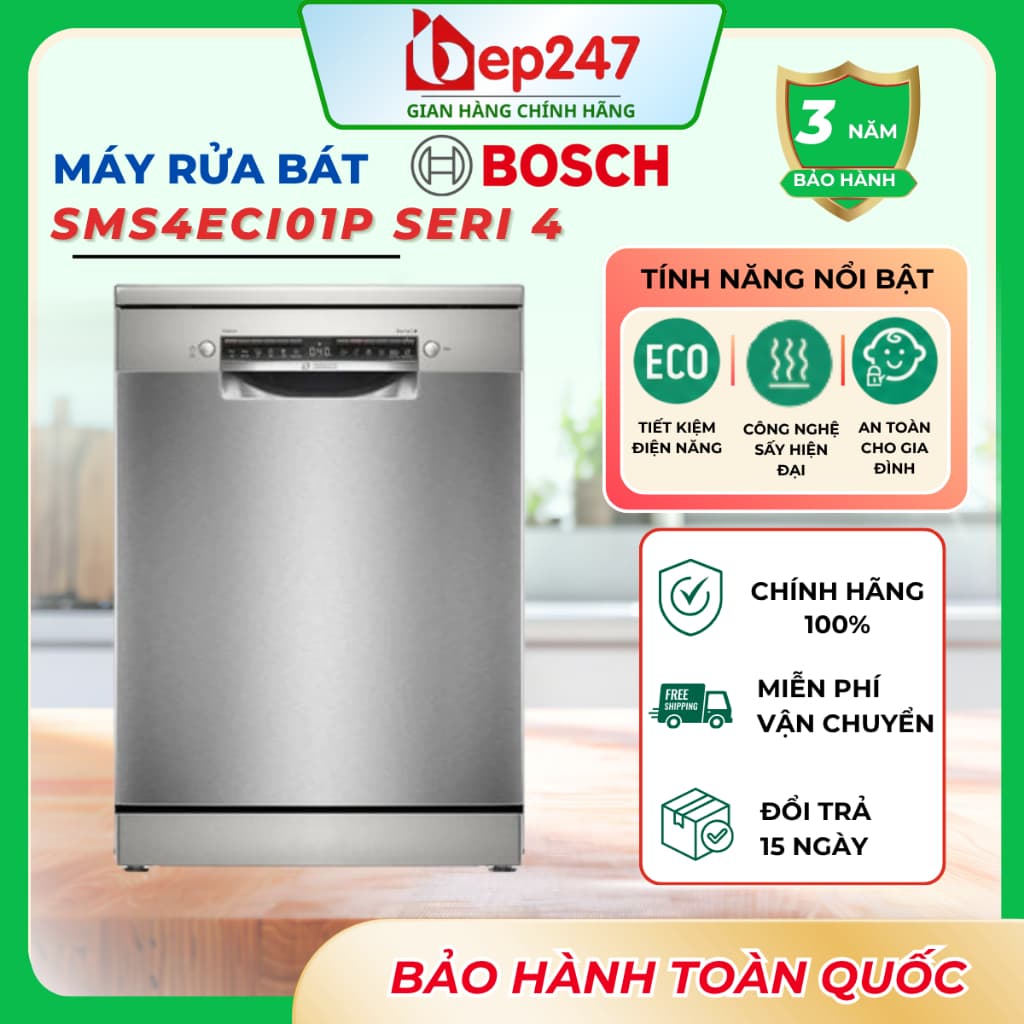 Máy Rửa Bát Bosch SMS4ECI01P Serie 4 14 Bộ Độc Lập Inox Home Connect Sấy Hé Cửa Chính Hãng
