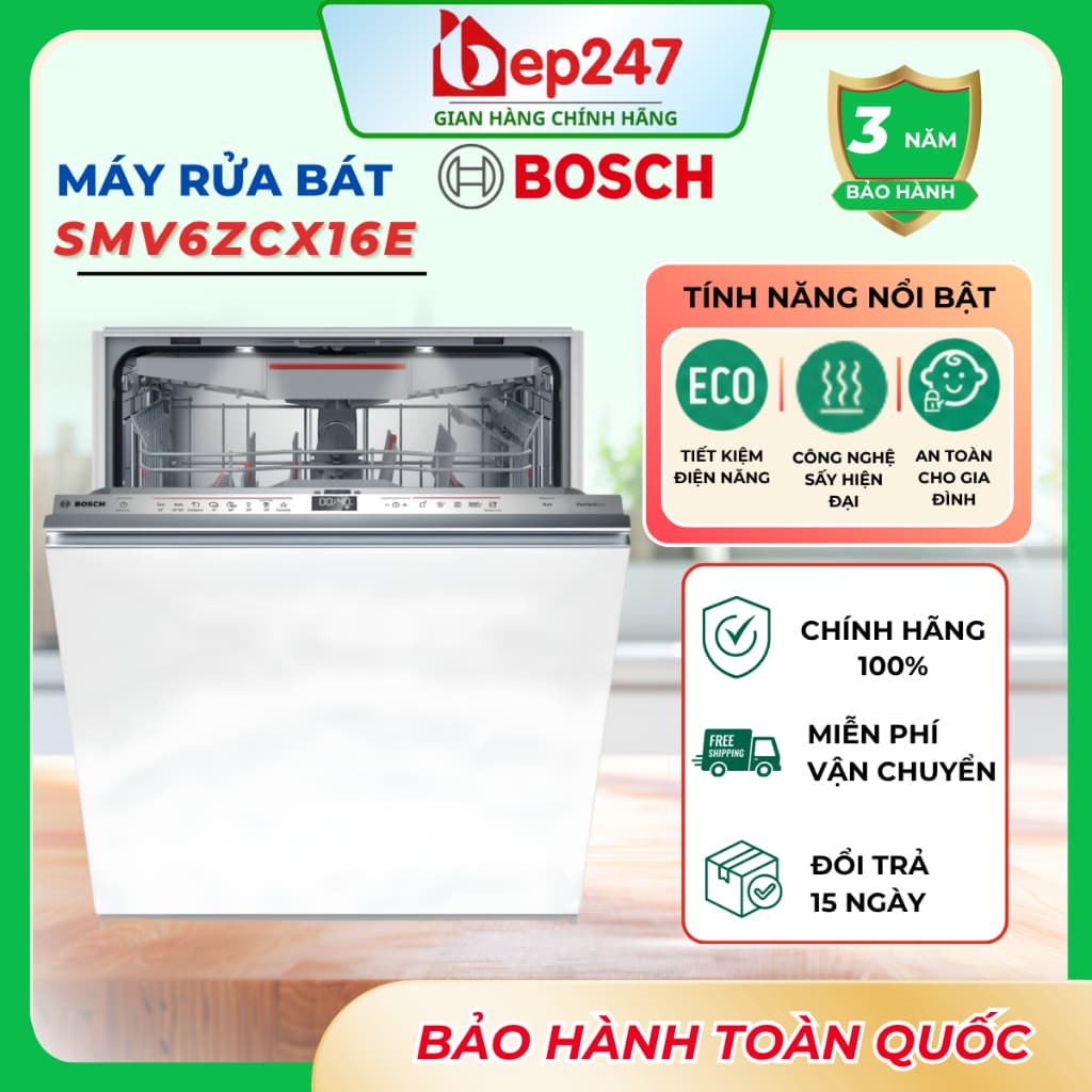 Máy Rửa Bát Bosch SMV6ZCX16E Serie 6 14 Bộ Âm Toàn Phần Sấy Zeolith Home Connect Chính Hãng