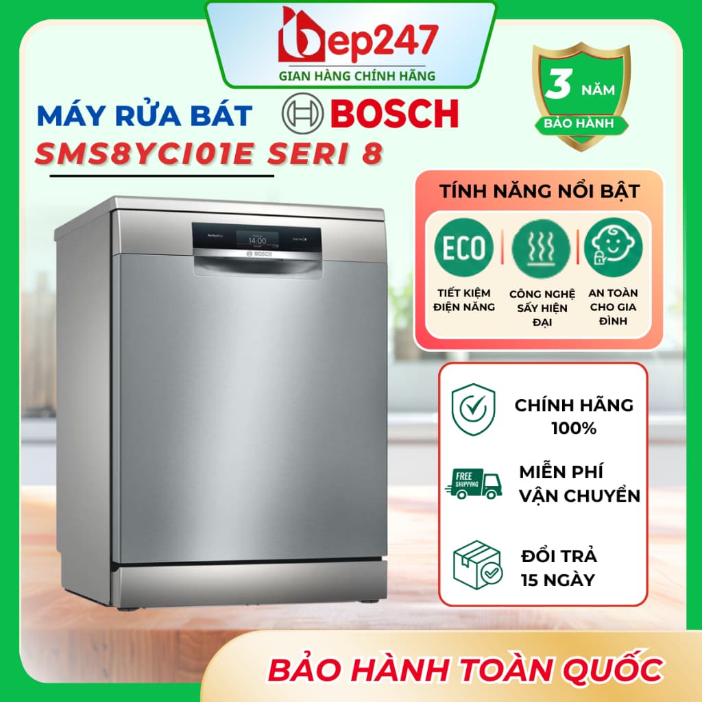 Máy Rửa Bát Bosch SMS8YCI01E Serie 8 14 Bộ Độc Lập Sấy Zeolith PerfectDry Home Connect Chính Hãng