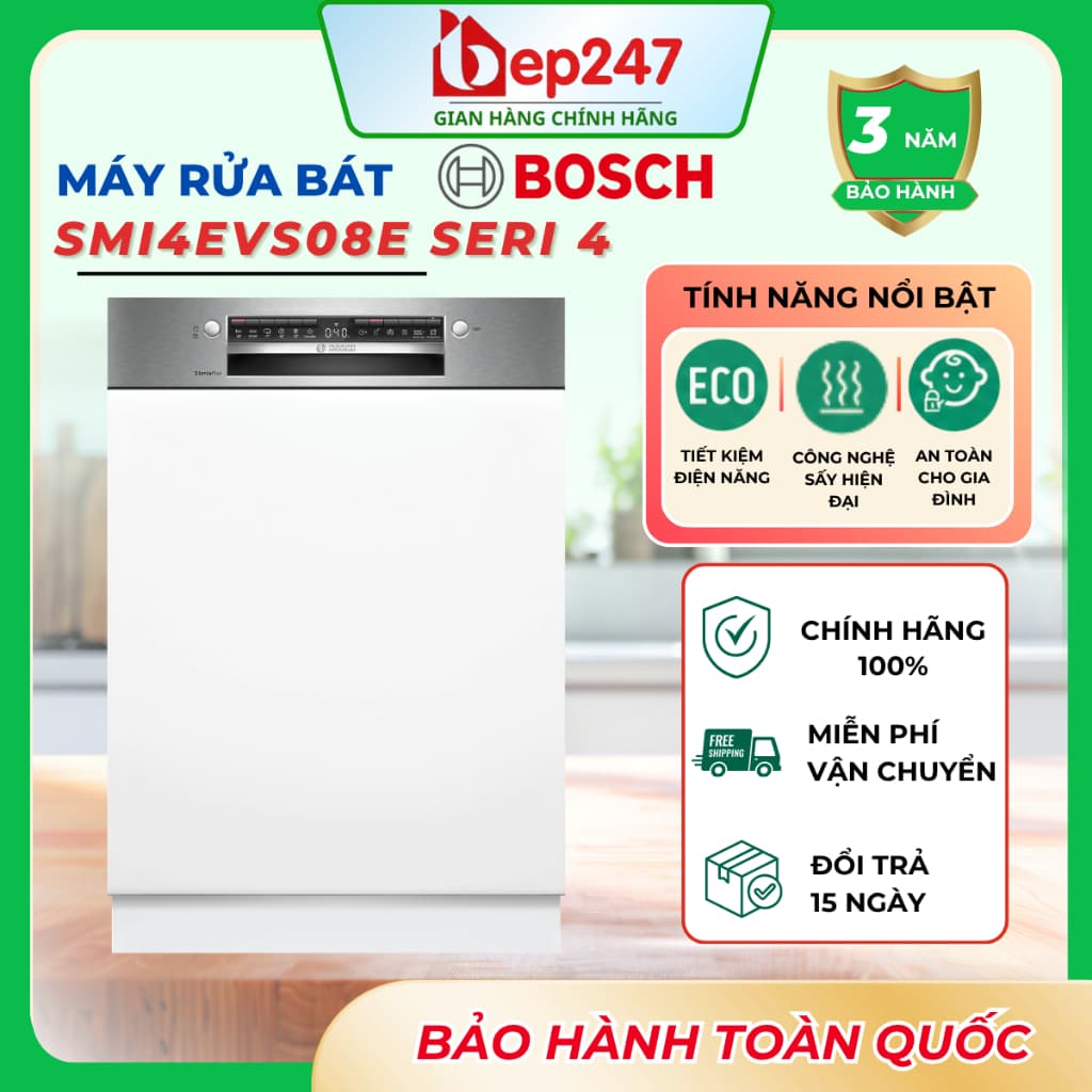 Máy Rửa Bát Bosch SMI4EVS08E Serie 4 14 Bộ Âm Bán Phần Inverter Home Connect Sấy EfficientDry Chính Hãng