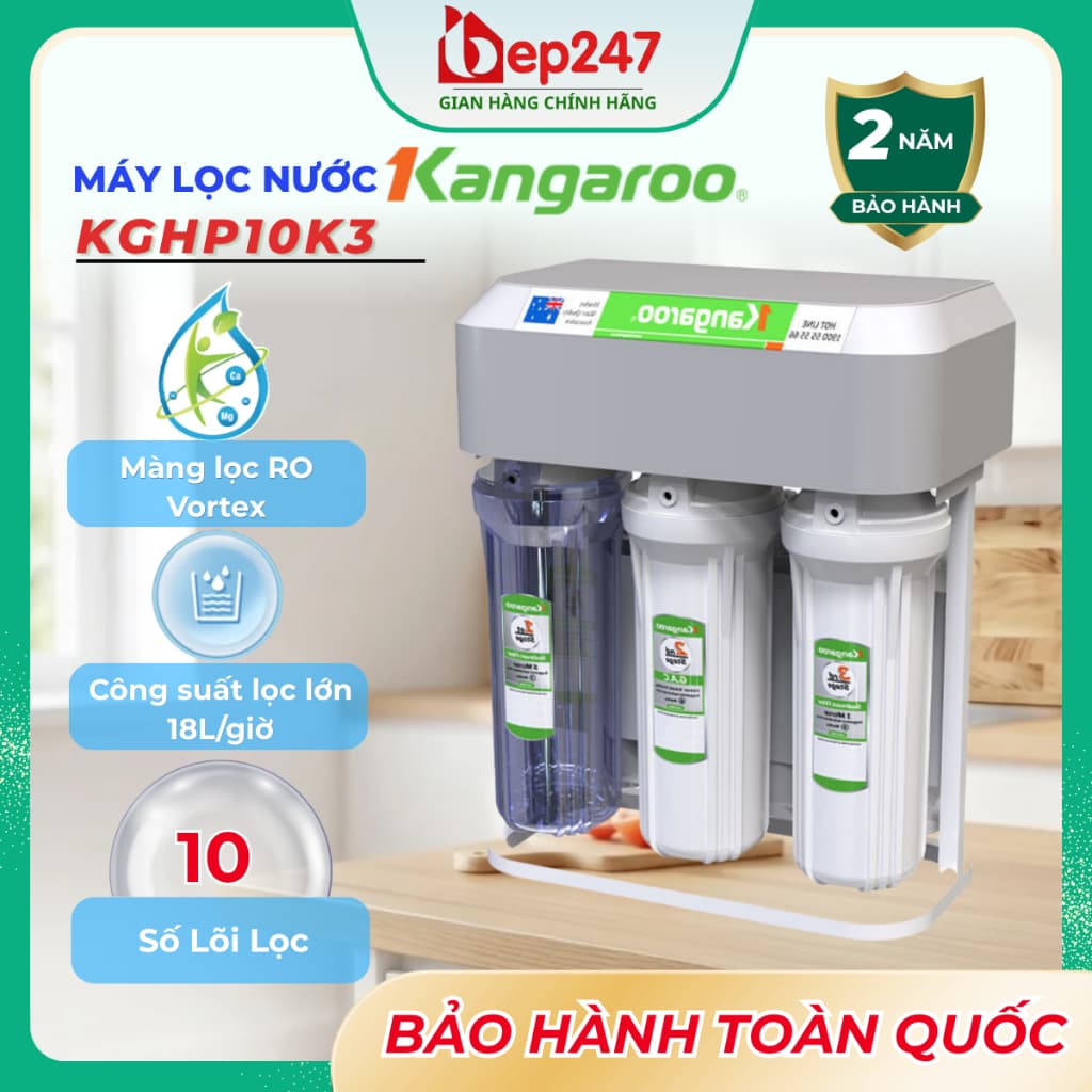 Máy Lọc Nước Kangaroo Hydrogen KGHP10K3 10 Lõi RO Vortex Tạo Nước Hydrogen Khoáng Gốm Công Suất 18L/H Bình Chứa 7L