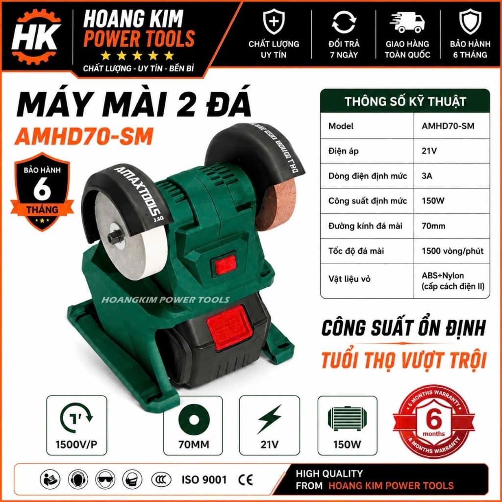 Máy mài 2 đá mini pin Amaxtools AMHD70-SM, Máy mài dao kéo mini đa năng 150W, Đá 70mm, Tốc độ 1500 vòng/phút