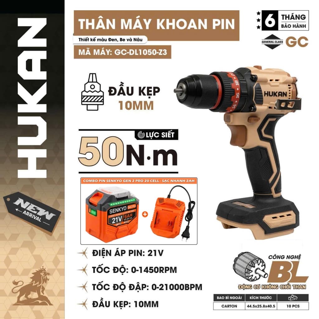 Máy Khoan Pin 3 Chức Năng HUKAN GC-DL1050-Z3, Đầu 10MM Autolock - Lực Siết 50Nm, Không Chổi Than