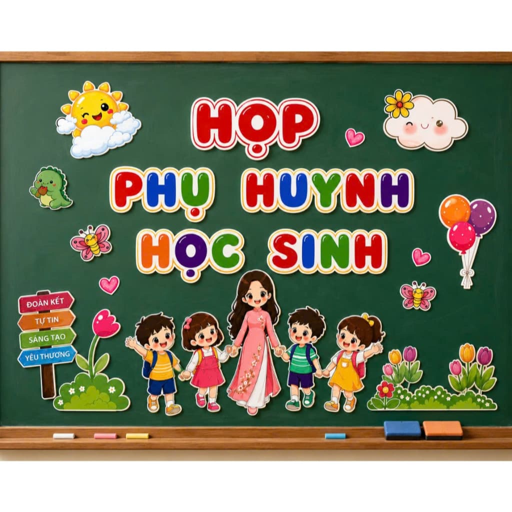 Sét trang trí bảng (Chào mừng phụ huynh học sinh, chào mừng năm học mới) chất liệu decal bóc dán chi tiết