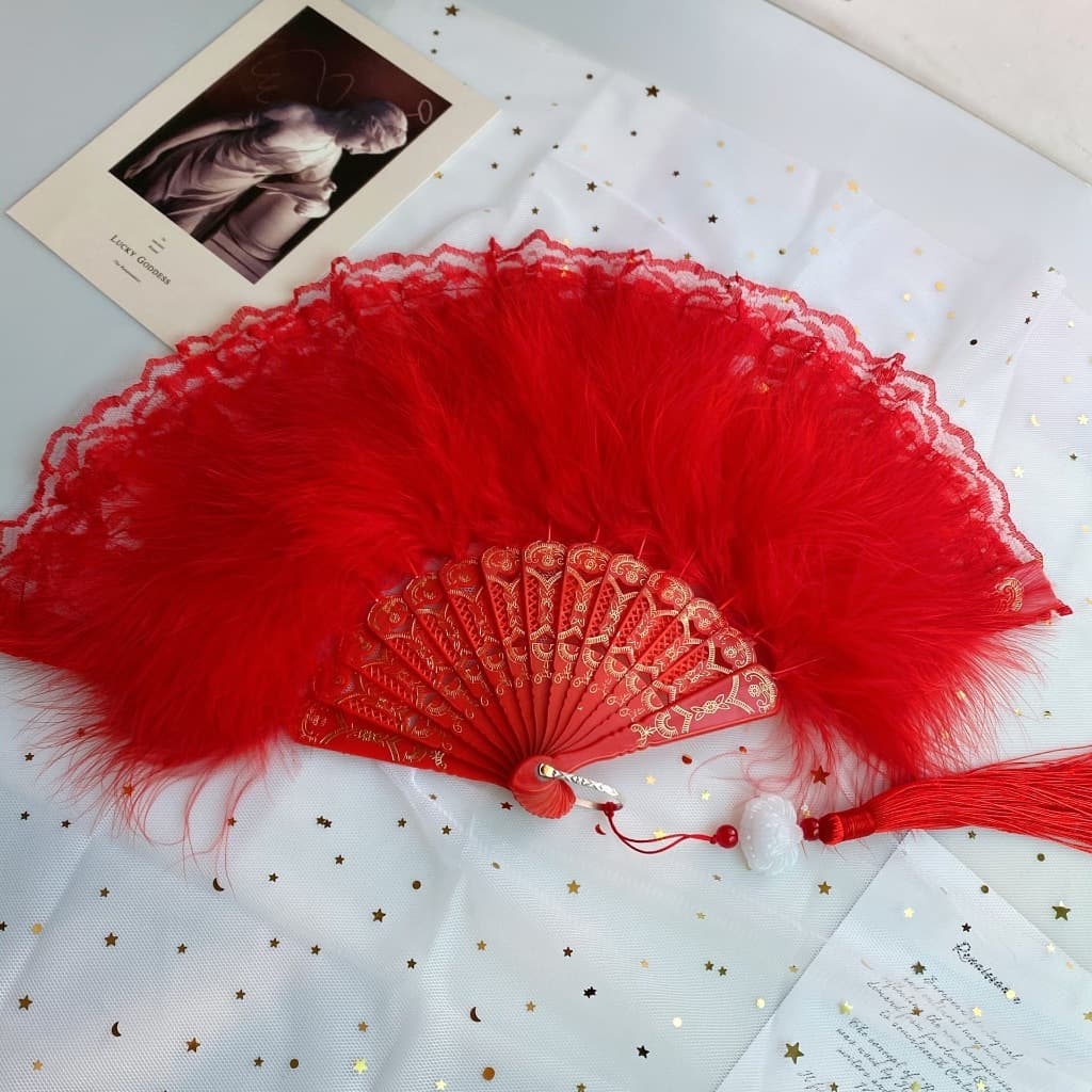 Quạt Cầm Tay Ren Lông Vũ (đã kèm tua rua) Vintage/ Quạt Trang Trí Cao Cấp – Phụ Kiện Chụp Ảnh, Biểu Diễn
