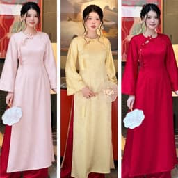 (Ảnh thật tự chụp) Áo dài Vân Linh 3 màu đỏ - hồng - vàng kem chất liệu lụa vân hoa mềm mại - tôn dáng - dịu dàng 1