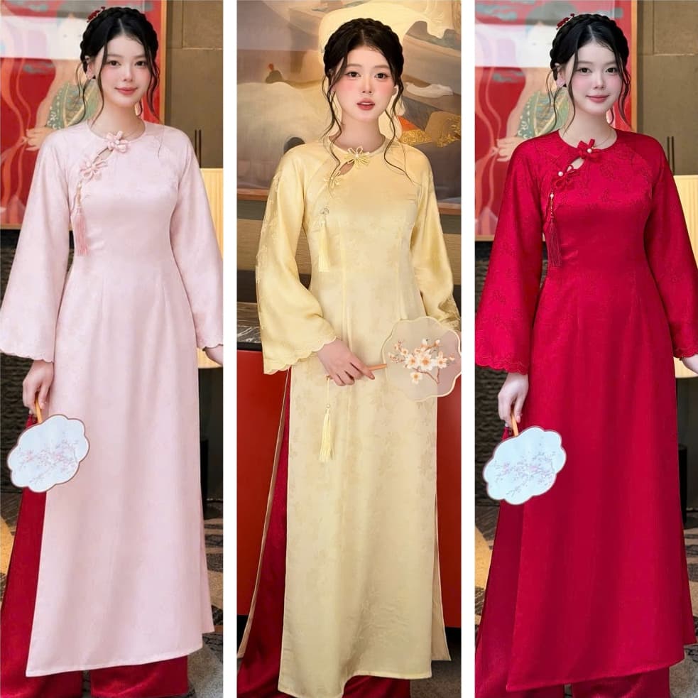 (Ảnh thật tự chụp) Áo dài Vân Linh 3 màu đỏ - hồng - vàng kem chất liệu lụa vân hoa mềm mại - tôn dáng - dịu dàng