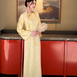 (Ảnh thật tự chụp) Áo dài Vân Linh 3 màu đỏ - hồng - vàng kem chất liệu lụa vân hoa mềm mại - tôn dáng - dịu dàng 6