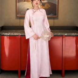 (Ảnh thật tự chụp) Áo dài Vân Linh 3 màu đỏ - hồng - vàng kem chất liệu lụa vân hoa mềm mại - tôn dáng - dịu dàng 4